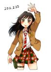  1girl black_hair blazer brown_eyes coppelion countdown cowboy_shot dated holster ikarimame jacket light_smile long_hair looking_at_viewer miniskirt naruse_ibara necktie ok_sign plaid plaid_skirt pleated_skirt school_uniform skirt striped striped_necktie thigh_holster white_background 