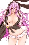  1girl angelo_(gomahangetsu) breasts heart highres katana large_breasts open_fly open_mouth pink_eyes pink_hair sengoku_bushouki_muramasa sheath sheathed short_shorts shorts simple_background solo sword thighs toudou_takatora_(sengoku_bushouki_muramasa) violet_eyes weapon white_background 