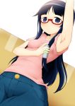  1girl arm_up armpits black_hair blue_eyes blush bottle breasts closed_mouth collarbone denki-gai_no_hon&#039;ya-san frown glasses holding jam_(jam0601) long_hair pants pink_shirt red-framed_eyewear semi-rimless_glasses sensei_(denki-gai) shirt short_sleeves sleeves_rolled_up small_breasts solo spray_bottle under-rim_glasses very_long_hair 