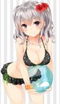  1girl ball beachball bikini blush breasts cleavage flower grey_eyes hair_flower hair_ornament highres kantai_collection kashima_(kantai_collection) leaning_forward long_hair looking_at_viewer note_(aoiro_clip) polka_dot polka_dot_bikini silver_hair smile solo standing swimsuit twintails wavy_hair 