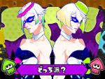  2boys aori_(splatoon) aori_(splatoon)_(cosplay) blonde_hair domino_mask fang gloves green_hair hat heart higekiri_(touken_ranbu) hizamaru_(touken_ranbu) hotaru_(splatoon) hotaru_(splatoon)_(cosplay) male_focus mask multiple_boys splatoon squid touken_ranbu translation_request white_gloves yellow_eyes zuwai_kani 