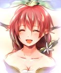 1girl :d blush breasts cleavage closed_eyes collarbone flower granblue_fantasy hair_flower hair_ornament leaf long_hair low_twintails open_mouth pink_hair plant_girl pointy_ears smile solo sukemyon twintails upper_body yggdrasill_(granblue_fantasy) 