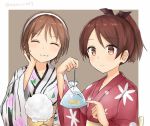  2girls alternate_costume azuhira bangs blush brown_eyes brown_hair closed_eyes closed_mouth collarbone eating eyebrows eyebrows_visible_through_hair fish floral_print goldfish hair_ornament hairband hand_on_own_cheek hand_up holding japanese_clothes kantai_collection kimono multicolored_background multiple_girls natori_(kantai_collection) obi pointing ponytail print_kimono sash shikinami_(kantai_collection) short_hair smile sweets twitter_username two-tone_background upper_body water wide_sleeves 