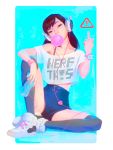  bubble_blowing casual controller d.va_(overwatch) highres jason_chan middle_finger off-shoulder_shirt overwatch shirt shoes short_shorts shorts sneakers 