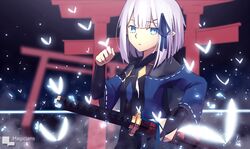  1girl artist_name bangs blue_eyes blunt_bangs katana magicians_(zhkahogigzkh) original pointy_ears short_hair silver_hair solo sword torii weapon 