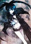  1girl arm_cannon belt bikini_top black_hair black_rock_shooter black_rock_shooter_(character) blue_eyes coat glowing glowing_eye glowing_eyes hair_between_eyes highres long_hair long_sleeves looking_at_viewer midriff navel open_hand pale_skin puma_(hyuma1219) scar short_shorts shorts solo star twintails uneven_twintails weapon zipper 