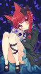  1girl animal_ears black_bow black_shoes blush bow cat_ears convenient_leg dress full_body green_dress hair_bow head_tilt hym9594 kaenbyou_rin legs long_hair long_sleeves looking_at_viewer multiple_tails petals red_eyes redhead shoes sitting skull solo tail touhou two_tails 