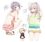  3girls ahoge back bags_under_eyes bikini bikini_under_clothes blonde_hair braid brown_eyes cropped_legs grey_eyes hair_over_one_eye hoshi_shouko idolmaster idolmaster_cinderella_girls koshimizu_sachiko long_hair multiple_girls open_mouth purple_hair sandals shirasaka_koume short_hair side-tie_bikini silver_hair simple_background single_braid sleeves_past_wrists smile squatting swimsuit swimsuit_under_clothes tko_(mmtmk) translation_request white_background 