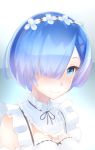  1girl black_ribbon blue_eyes blue_hair close-up face frilled_sleeves frills hair_ornament hair_over_one_eye looking_at_viewer maid maid_headdress re:zero_kara_hajimeru_isekai_seikatsu rem_(re:zero) ribbon ribbon_trim short_hair smile solo underbust x_hair_ornament yamaioni_(sasakama) 