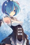  1girl armpits artist_name bare_shoulders blue_eyes blue_hair breasts commentary_request detached_sleeves eyebrows eyebrows_visible_through_hair frills hair_ornament hair_over_one_eye hair_ribbon looking_at_viewer maid re:zero_kara_hajimeru_isekai_seikatsu rem_(re:zero) ribbon short_hair simple_background solo x_hair_ornament yanagi_wakana 