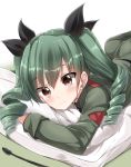  1girl anchovy black_ribbon commentary_request drill_hair eyebrows eyebrows_visible_through_hair futon girls_und_panzer green_hair hair_ribbon highres long_hair looking_at_viewer lying on_stomach pentagon_(railgun_ky1206) red_eyes ribbon solo sparkle twintails 