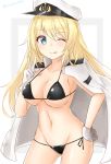  1girl ;p admiral_(kantai_collection) admiral_(kantai_collection)_(cosplay) alternate_costume anchor_symbol armpits atago_(kantai_collection) azuhira bangs bikini black_bra black_panties black_ribbon blonde_hair blue_eyes blush bra breasts cleavage closed_mouth cosplay cowboy_shot eyebrows eyebrows_visible_through_hair gloves groin hand_on_hip hat highres kantai_collection large_breasts long_hair looking_at_viewer micro_bikini multicolored_background navel one_eye_closed open_clothes panties peaked_cap ribbon side-tie_panties smile solo standing star stomach swimsuit tongue tongue_out twitter_username two-tone_background underwear v white_gloves 