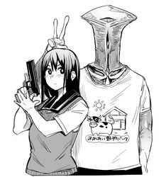  1girl alien cow fukumaaya gun long_hair monochrome sailor_collar shirt short_sleeves simple_background sweater_vest t-shirt translated trigger_discipline v weapon white_background 