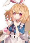  1girl alice_(wonderland) alice_in_wonderland animal_ears bangs blonde_hair blush bottle braid breasts candy cowboy_shot dress eyebrows eyebrows_visible_through_hair fake_animal_ears food french_braid frilled_dress frills hand_to_own_mouth hand_up haruka_(reborn) holding holding_food lollipop looking_at_viewer maid medium_breasts neck_ribbon open_mouth pink_eyes rabbit_ears red_ribbon ribbon short_sleeves solo 