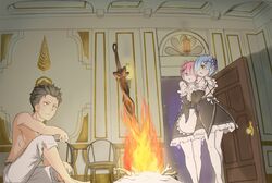  1boy 2girls bare_chest black_hair blue_eyes blue_hair bone bonfire brown_eyes dark_souls detached_sleeves fire hair_ornament hair_over_one_eye hands_clasped highres maid multiple_girls natsuki_subaru pantyhose parody ram_(re:zero) re:zero_kara_hajimeru_isekai_seikatsu rem_(re:zero) short_hair siblings sisters sitting souls_(from_software) sword twins viper_xtreme viperxtr weapon x_hair_ornament 