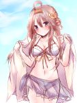  1girl ahoge bare_shoulders bikini blush breasts brown_hair cleavage double_bun kantai_collection kongou_(kantai_collection) long_hair looking_at_viewer nanoha-h navel sarong smile solo swimsuit towel violet_eyes 