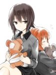  2girls black_skirt boko_(girls_und_panzer) brown_eyes brown_hair girls_und_panzer grey_shirt miniskirt multiple_girls myama nishizumi_maho nishizumi_miho school_uniform shirt short_hair siblings sisters skirt sleeping stuffed_animal stuffed_toy teddy_bear white_background 