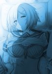  1girl absurdres anego_(natsume) bra breasts eyes_visible_through_hair female glove_removed gloves hair_ornament hair_over_one_eye hairclip hamakaze_(kantai_collection) heart heart-shaped_lock heart_lock_(kantai_collection) highres kantai_collection large_breasts looking_at_viewer lying monochrome navel on_back pillow school_uniform serafuku shirt_lift short_hair short_sleeves skirt skirt_removed solo underwear 