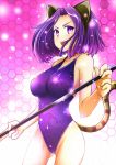  &gt;:d 1girl :d alternate_costume alternate_headwear animal_ears bare_shoulders blush breasts cat_ears cat_tail cowboy_shot fake_animal_ears gluteal_fold hair_intakes kantai_collection looking_at_viewer makumaxu medium_breasts open_mouth purple_hair purple_swimsuit short_hair smile solo stick swimsuit tail tatsuta_(kantai_collection) violet_eyes 