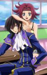  1boy 1girl black_hair blue_eyes code_geass donbee132 headband kallen_stadtfeld lelouch_lamperouge redhead short_hair violet_eyes 