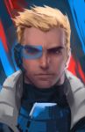  1boy blue_background brown_eyes headset highres looking_at_viewer overwatch portra realistic red_background serious short_hair soldier:_76_(overwatch) solo visor younger yy6242 