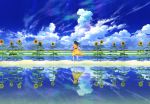  1girl barefoot black_hair clouds commentary dress field flower from_behind horizon long_hair looking_afar original outstretched_arms reflection scenery sky solo sunflower technoheart wind yellow_dress 