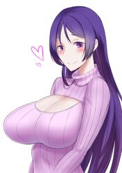  1girl 1nilla&#039; breasts cleavage fate/grand_order fate_(series) heart huge_breasts looking_at_viewer minamoto_no_yorimitsu_(fate/grand_order) open-chest_sweater purple_hair ribbed_sweater simple_background smile solo sweater turtleneck turtleneck_sweater violet_eyes white_background 