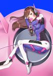  1girl armor bangs bodysuit boots bracer breasts brown_eyes brown_hair bubble_blowing bubblegum bunny_print charm_(object) d.va_(overwatch) eyebrows eyebrows_visible_through_hair facepaint facial_mark gloves gum gun headphones highres holding holding_gun holding_weapon long_hair long_sleeves lying mecha medium_breasts meka_(overwatch) on_side overwatch pauldrons pilot_suit pointing pointing_at_viewer shoulder_pads skin_tight smile_(mm-l) solo swept_bangs thigh-highs thigh_boots thigh_strap weapon whisker_markings white_boots white_gloves 