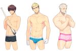  3boys abdominal_hair absurdres bangs baseball_bat beard blonde_hair boxers briefs brown_eyes bulge chest cropped_legs eyebrows eyebrows_visible_through_hair facial_hair glasses green_eyes grey_eyes groin hair_between_eyes hands_clasped highres holding holding_weapon interlocked_fingers japants looking_at_viewer male_focus multiple_boys muscle mustache nail nail_bat navel nipples old_man original own_hands_together parted_lips rimless_glasses shirtless sketch skin_tight stomach transparent_background underwear underwear_only weapon white_hair 