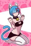  1girl akairiot animal_ears bare_shoulders bell bell_collar black_bra blue_eyes blue_hair blush bra breasts cat_cutout cat_ears cat_lingerie cat_tail cleavage cleavage_cutout collar commentary full_body hair_over_one_eye jingle_bell kemonomimi_mode medium_breasts midriff miniskirt navel paw_pose re:zero_kara_hajimeru_isekai_seikatsu rem_(re:zero) seiza short_hair sitting skirt smile solo tail thigh-highs underwear x_hair_ornament 