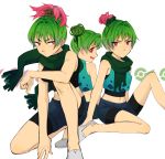  3girls bulbasaur elbow_on_knee freckles green_hair green_scarf hair_bun highres ivysaur looking_at_another multicolored_hair multiple_girls navel open_mouth personification pink_hair pokeball_symbol pokemon red_eyes sasai_(well) scarf scrunchie short_hair shorts side_glance sitting venusaur 