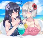  2girls ahoge bikini black_hair blue_eyes blush breasts brown_eyes cleavage cocktail drink drinking_straw evuoaniramu eyes_visible_through_hair flower food frilled_swimsuit frills fruit hair_flower hair_ornament hair_over_one_eye hairclip hamakaze_(kantai_collection) hibiscus highres huge_breasts kantai_collection long_hair looking_at_viewer md5_mismatch multiple_girls one-piece_swimsuit orange orange_slice polka_dot polka_dot_swimsuit short_hair silver_hair swimsuit ushio_(kantai_collection) yuri 