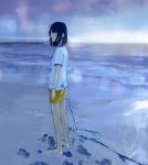  1girl artist_name barefoot beach black_eyes black_hair blurry closed_mouth depth_of_field holding looking_at_viewer loundraw nijuuyon_no_hitomi original outdoors shirt short_sleeves shorts signature solo standing stick water white_shirt yellow_shorts 