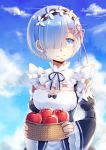  1girl apple blue_eyes blue_hair breasts cleavage clouds detached_sleeves excaliburer food fruit hair_over_one_eye hair_ribbon maid maid_headdress re:zero_kara_hajimeru_isekai_seikatsu red_ribbon rem_(re:zero) ribbon short_hair sky smile solo wide_sleeves x_hair_ornament 