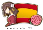  1girl bangs brown_eyes brown_hair carnation flag flower hair_ornament long_hair looking_at_viewer murakami_senami original spain spanish_flag translated 