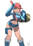  10s 1girl artist_request boots breasts female fuuro_(pokemon) gloves gym_leader hair_ornament long_hair looking_at_viewer nintendo pokemon pokemon_(game) pokemon_bw redhead salute side_ponytail wink 