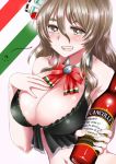  1girl :d alcohol babydoll bare_shoulders blush bottle bow bowtie breast_suppress breasts cleavage drunk grey_eyes halterneck italian italian_flag kantai_collection large_breasts long_hair makumaxu navel open_mouth pola_(kantai_collection) red_bow red_bowtie sidelocks silver_hair smile solo translation_request upper_body wavy_hair 