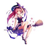 1girl adjusting_clothes adjusting_hat alternate_costume black_shoes bow broom broom_riding brown_eyes cosplay full_body hat hat_bow highres isillia_(soccer_spirits) kirisame_marisa kirisame_marisa_(cosplay) long_hair looking_at_viewer mary_janes natsumoka purple_bow purple_hair shoes sidesaddle smile soccer_spirits socks solo star touhou transparent_background white_legwear witch_hat 