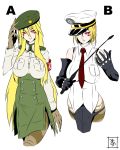  2girls arachne armband beret blonde_hair breasts claws dual_persona elbow_gloves extra_eyes eyes_visible_through_hair gloves hat insect_girl large_breasts long_legs_breed_(monster_musume) monster_girl monster_musume_no_iru_nichijou multiple_girls necktie red_eyes riding_crop s-now signature simple_background spider_girl white_background 