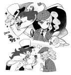  1boy 1girl alternate_costume anger_vein beret cape charizard collared_shirt dede_(qwea_00000) facial_hair flower greyscale hair_ornament hat heart heart_hair_ornament holding holding_flower leon_(pokemon) long_sleeves magnifying_glass mask monochrome pokemon pokemon_(creature) pokemon_(game) pokemon_swsh raised_eyebrow rose shirt side_ponytail sonia_(pokemon) sparkle tongue tongue_out yamper 