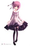  1girl absurdres black_legwear black_ribbon collarbone dress hair_ribbon highres looking_at_viewer minato_tomoka one_side_up open_mouth pink_hair ribbon rou-kyuu-bu! short_hair simple_background skirt_hold solo thigh-highs tinker_bell violet_eyes white_background 
