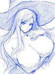  1girl angelo_(gomahangetsu) bare_shoulders breasts cleavage dragon&#039;s_crown eyebrows eyebrows_visible_through_hair eyelashes female hat highres huge_breasts large_breasts lineart long_hair looking_at_viewer monochrome sketch smile solo sorceress_(dragon&#039;s_crown) witch_hat 