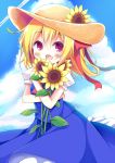  1girl :d alternate_costume blonde_hair blue_sky carrying casual clouds cloudy_sky esureki flower hat highres looking_at_viewer open_mouth red_eyes rumia sky smile solo straw_hat sunflower touhou 