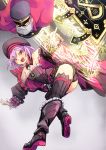  1girl :d ass bare_shoulders black_legwear boots detached_sleeves fate/grand_order fate_(series) fu-ta hat helena_blavatsky_(fate/grand_order) highres jacket magic open_mouth purple_hair smile solo teeth thigh-highs violet_eyes 