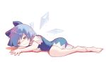  (9) 1girl ainy77 barefoot blue_dress blue_eyes blue_hair bow cirno dress fairy_wings hair_bow hot ice ice_wings lying melting on_stomach ribbon short_hair short_sleeves simple_background solo sweatdrop touhou wavy_mouth white_background wings 