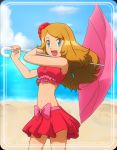  10s beach bikini bikini_skirt blue_eyes long_hair midriff navel nintendo parasol pokemon pokemon_(anime) pokemon_(game) pokemon_xy ribbon sarong serena_(pokemon) swimsuit umbrella xy_anime 
