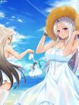  4girls aqua_eyes bare_shoulders beach black_hair blush breasts brown_hair cleavage closers dress gradient_hair half_updo harpy_(closers) hat holding holding_shoes horn large_breasts lavender_hair levia_(closers) long_hair looking_at_another looking_at_viewer looking_back mole mole_under_eye multicolored_hair multiple_girls ocean parted_lips pink_hair seductive_smile seulbi_lee shaojiang shoes side_ponytail sideboob silver_hair sky smile standing strap_slip summer sun_hat sundress very_long_hair violet_eyes water waving white_dress yuri_seo 
