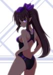  1girl adjusting_swimsuit ass black_hair competition_swimsuit from_behind hat himekaidou_hatate kagayama_hajime long_hair one-piece_swimsuit pointy_ears ponytail swimsuit tokin_hat touhou violet_eyes 