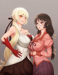  2girls bare_shoulders black_hair blonde_hair blush braid breast_hold breast_press breasts brown_eyes cleavage collarbone fang glasses gloves grey_background hair_ornament hair_ribbon hands_on_hips hanekawa_tsubasa height_difference kiss-shot_acerola-orion_heart-under-blade kizumonogatari large_breasts long_hair monogatari_(series) multiple_girls open_mouth orange_eyes pointy_ears ponytail red_gloves ribbon rimless_glasses school_uniform simple_background skirt smile sweat symmetrical_docking twin_braids zhen_lu 