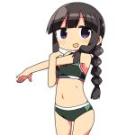  1girl :d alternate_costume bare_arms bare_shoulders bike_shorts black_hair braid commentary_request kanikama kantai_collection kitakami_(kantai_collection) long_hair looking_at_viewer midriff navel open_mouth simple_background single_braid smile solo sports_bikini sports_bra sportswear stretch white_background 